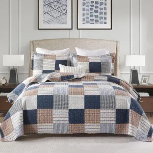 PANGUSHAN 100% Cotton Quilt Set Queen Size, Patchwork Plaid Queen Quilt Bedding Set Bedspreads, Farmhouse Lightweight Comforter Reversible Quilt, Navy/Brown/White Bed Spread for Queen Bed, 3 Pieces