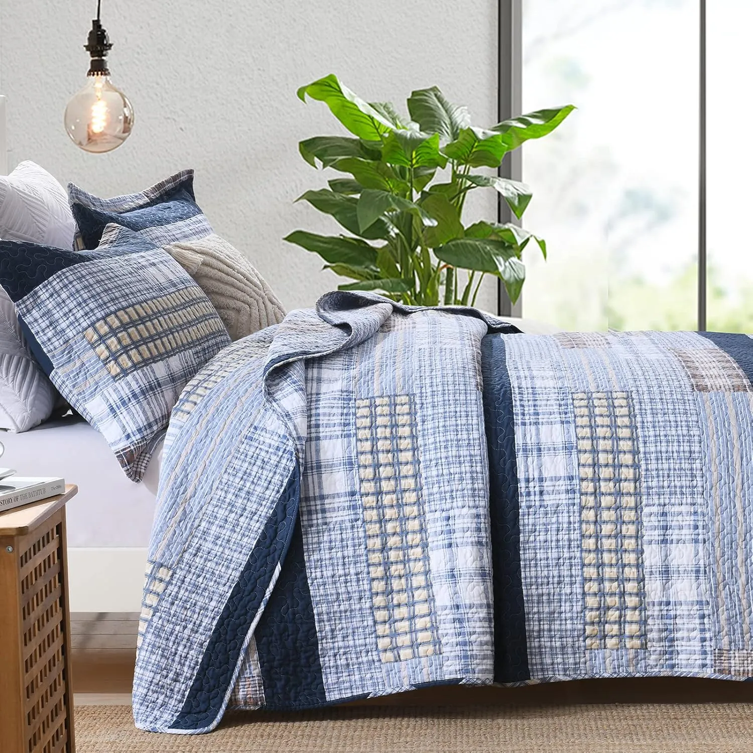 PANGUSHAN Quilt Set King Size, 100% Cotton Quilt Bedding Set Bedspreads, Patchwork Plaid Farmhouse Reversible Lightweight Comforter Bed Spread for King Bed, Blue, 3 Pieces