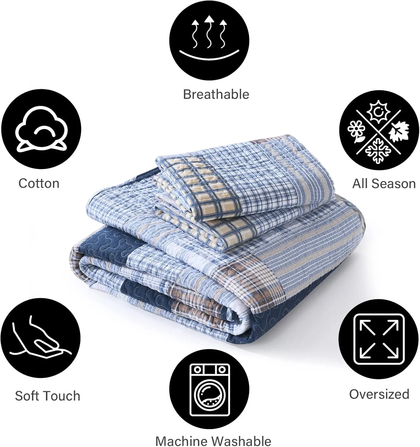 PANGUSHAN Quilt Set King Size, 100% Cotton Quilt Bedding Set Bedspreads, Patchwork Plaid Farmhouse Reversible Lightweight Comforter Bed Spread for King Bed, Blue, 3 Pieces