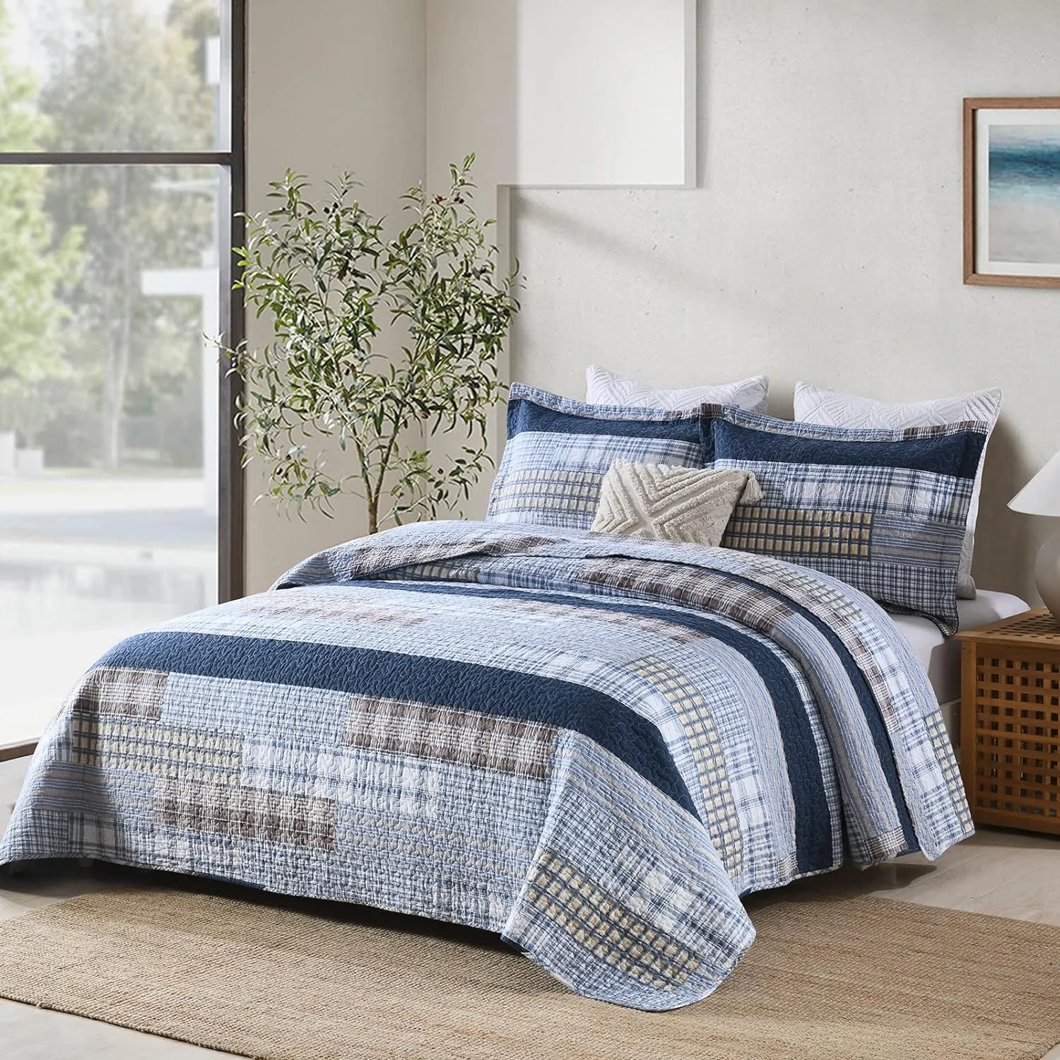 PANGUSHAN Quilt Set King Size, 100% Cotton Quilt Bedding Set Bedspreads, Patchwork Plaid Farmhouse Reversible Lightweight Comforter Bed Spread for King Bed, Blue, 3 Pieces