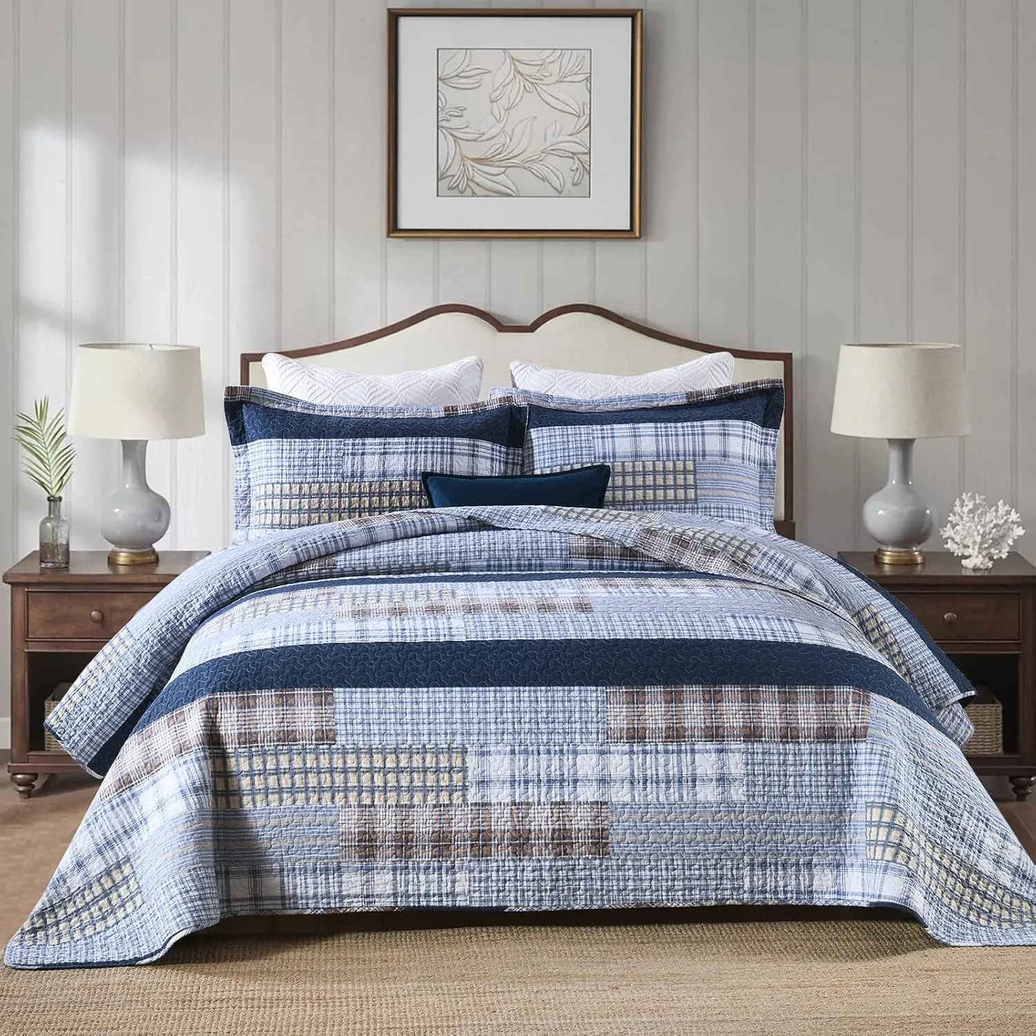 PANGUSHAN Quilt Set King Size, 100% Cotton Quilt Bedding Set Bedspreads, Patchwork Plaid Farmhouse Reversible Lightweight Comforter Bed Spread for King Bed, Blue, 3 Pieces