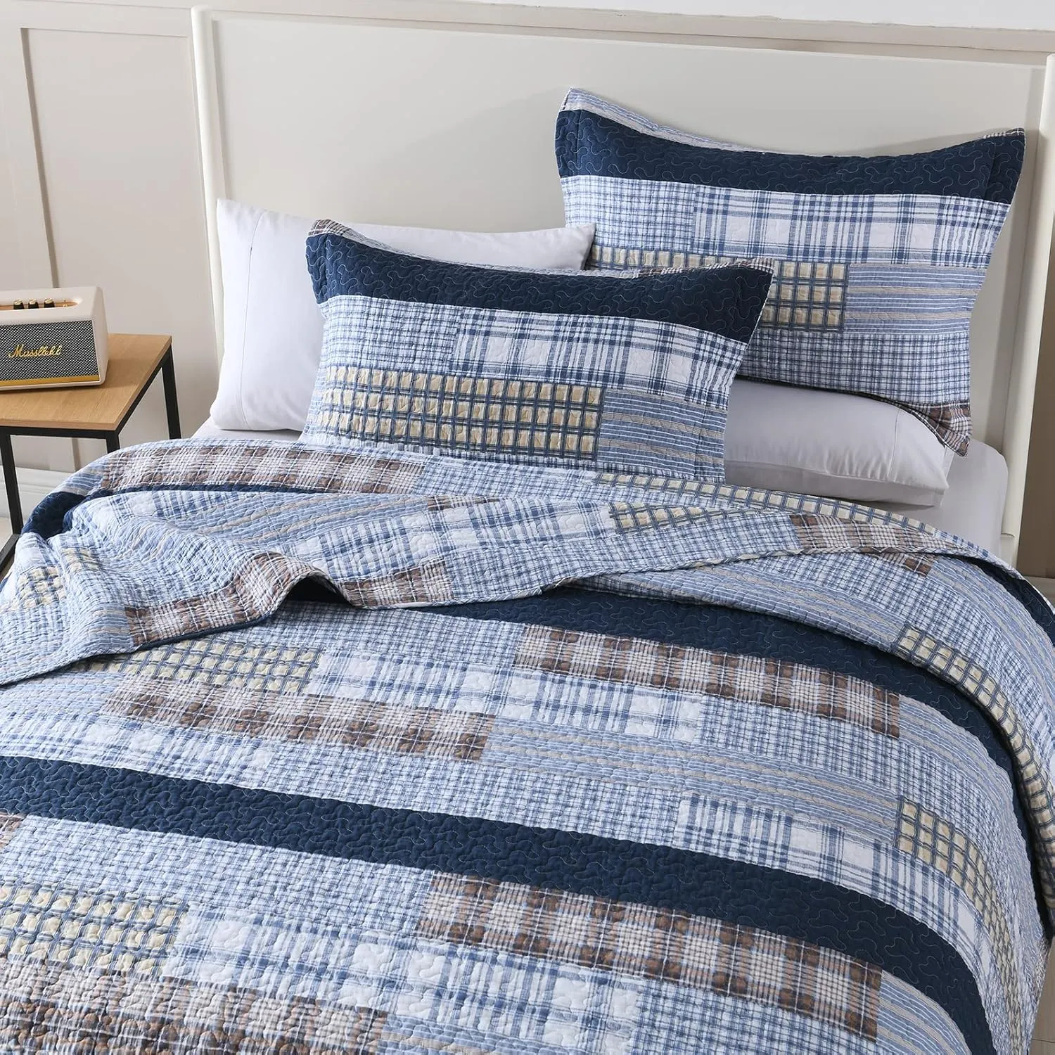 PANGUSHAN Quilt Set King Size, 100% Cotton Quilt Bedding Set Bedspreads, Patchwork Plaid Farmhouse Reversible Lightweight Comforter Bed Spread for King Bed, Blue, 3 Pieces