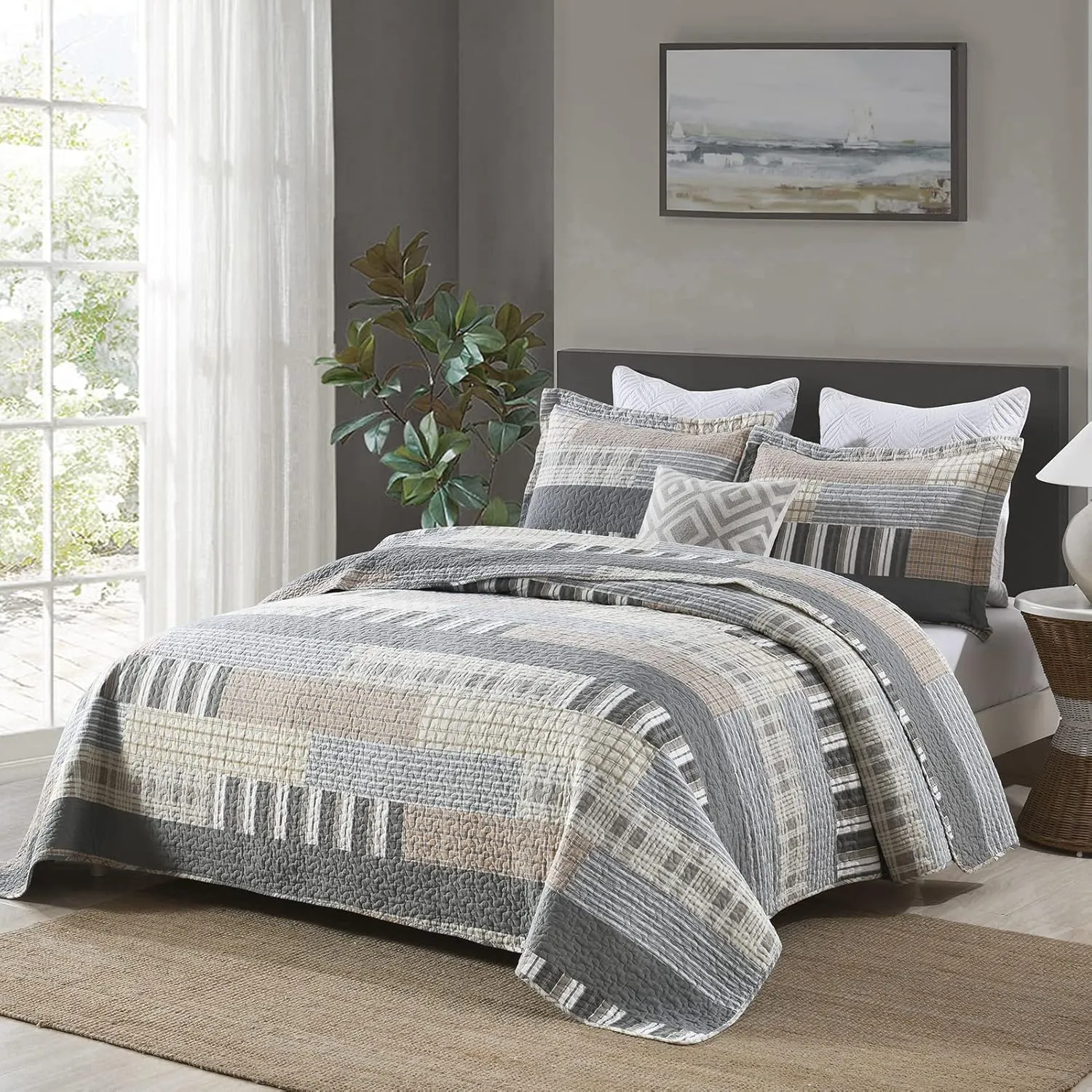 PANGUSHAN Quilt Set King Size, 100% Cotton Quilt Bedding Set Bedspreads, Patchwork Plaid Farmhouse Reversible Lightweight Comforter Bed Spread for King Bed, Gray/Brown, 3 Pieces