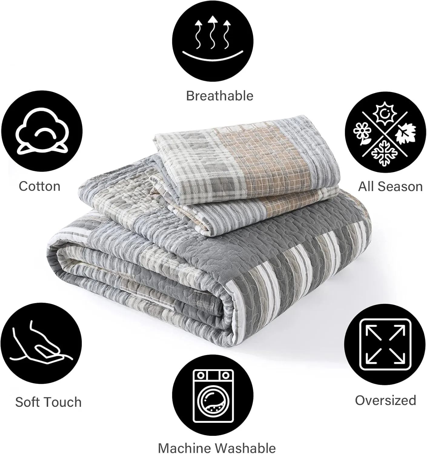 PANGUSHAN Quilt Set King Size, 100% Cotton Quilt Bedding Set Bedspreads, Patchwork Plaid Farmhouse Reversible Lightweight Comforter Bed Spread for King Bed, Gray/Brown, 3 Pieces