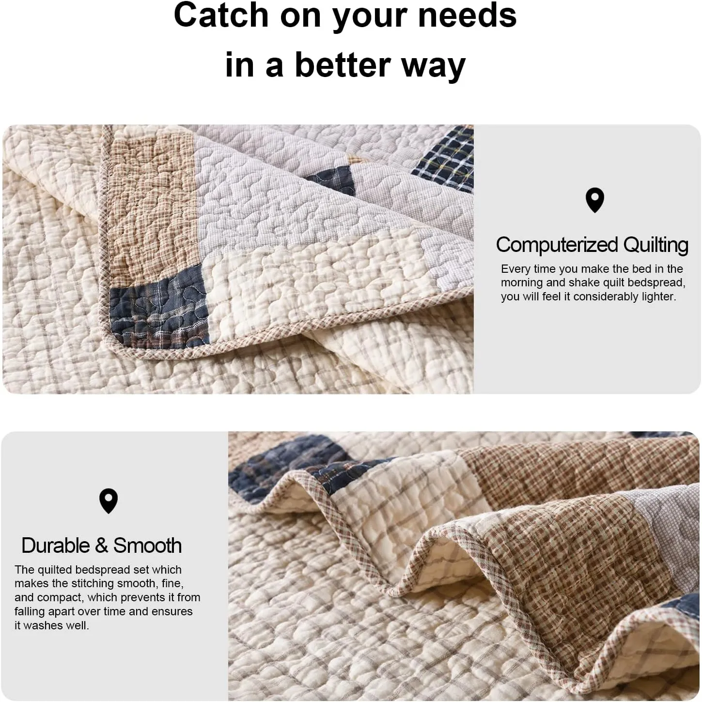 PANGUSHAN Quilts Set King Size,100% Cotton Quilt,Patchwork Plaid King Quilt Bedding Set Bedspreads,Farmhouse Rustic Lightweight Comforter for King Bed,Cream/Brown/Blue-Black/Off-White Bed Spread