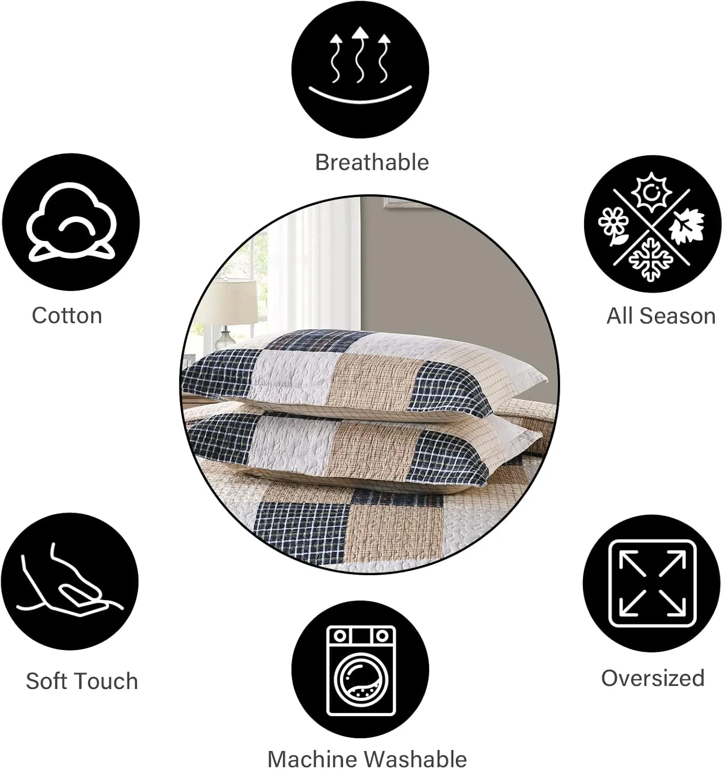 PANGUSHAN Quilts Set King Size,100% Cotton Quilt,Patchwork Plaid King Quilt Bedding Set Bedspreads,Farmhouse Rustic Lightweight Comforter for King Bed,Cream/Brown/Blue-Black/Off-White Bed Spread
