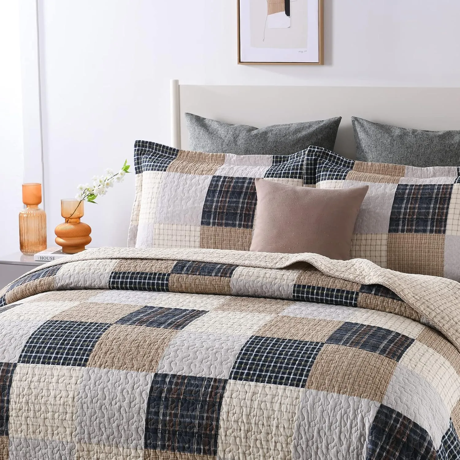 PANGUSHAN Quilts Set King Size,100% Cotton Quilt,Patchwork Plaid King Quilt Bedding Set Bedspreads,Farmhouse Rustic Lightweight Comforter for King Bed,Cream/Brown/Blue-Black/Off-White Bed Spread