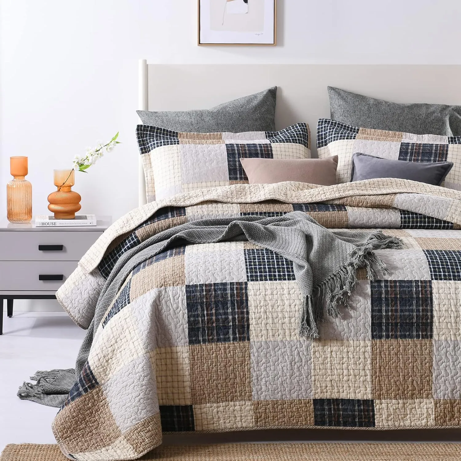 PANGUSHAN Quilts Set King Size,100% Cotton Quilt,Patchwork Plaid King Quilt Bedding Set Bedspreads,Farmhouse Rustic Lightweight Comforter for King Bed,Cream/Brown/Blue-Black/Off-White Bed Spread