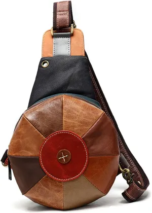 Patchwork Genuine Leather Sling Backpack for Women Stylish Crossbody Backpack Ladies Small Chest Bag