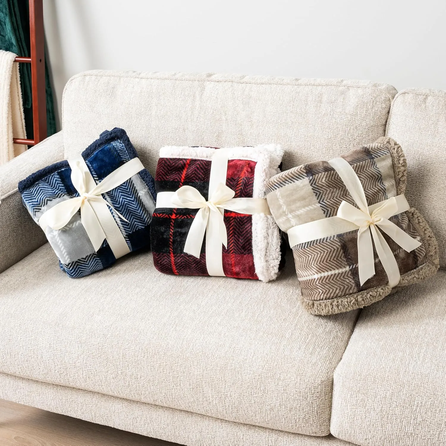 PAVILIA Taupe Plaid Sherpa Throw Blanket for Couch Twins, Soft Fuzzy Cabin Blanket and Throws, Warm Cozy Winter Gift Blanket, 60x80