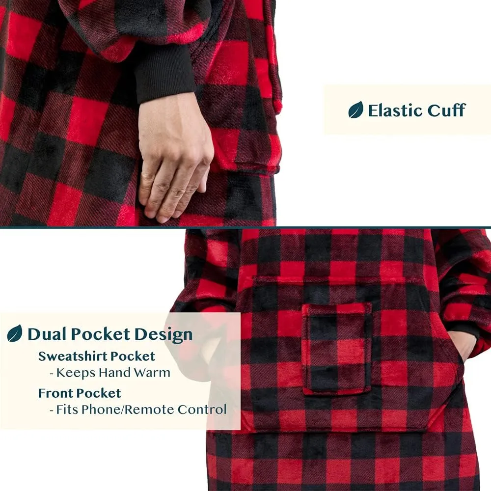 PAVILIA Wearable Blanket Hoodie for Women Men, Oversized Hoodie Sweatshirt Blanket, Hooded Sweater Blanket Neck Warmer, Fleece Soft Hug Sleep Pod Adult, Cozy Warm Plush Gift Idea Mom Wife, Checker Red
