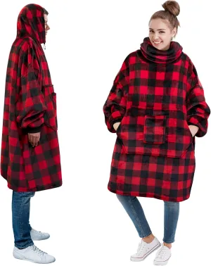 PAVILIA Wearable Blanket Hoodie for Women Men, Oversized Hoodie Sweatshirt Blanket, Hooded Sweater Blanket Neck Warmer, Fleece Soft Hug Sleep Pod Adult, Cozy Warm Plush Gift Idea Mom Wife, Checker Red