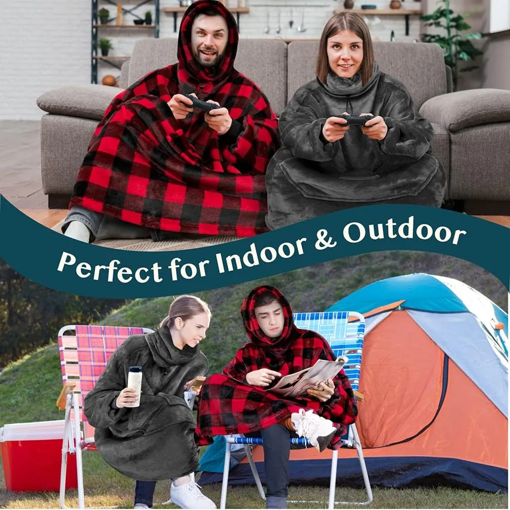 PAVILIA Wearable Blanket Hoodie for Women Men, Oversized Hoodie Sweatshirt Blanket, Hooded Sweater Blanket Neck Warmer, Fleece Soft Hug Sleep Pod Adult, Cozy Warm Plush Gift Idea Mom Wife, Checker Red