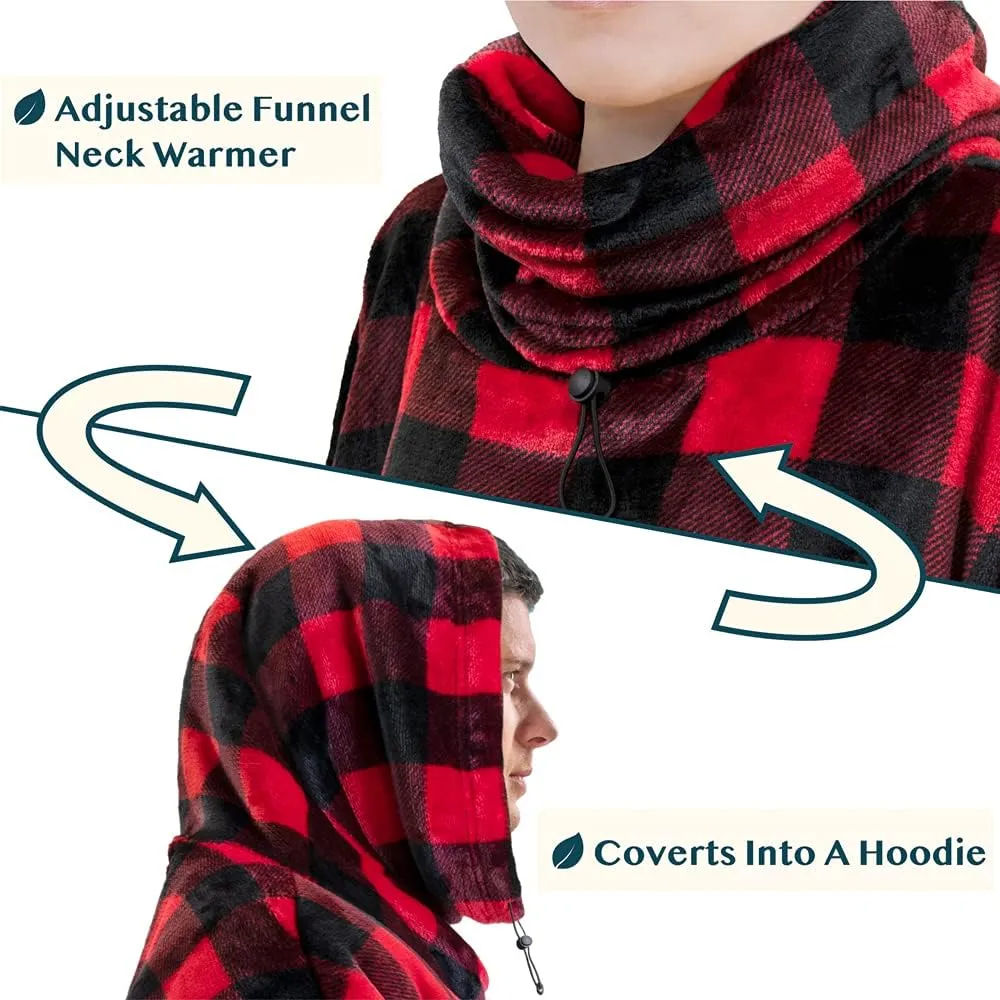 PAVILIA Wearable Blanket Hoodie for Women Men, Oversized Hoodie Sweatshirt Blanket, Hooded Sweater Blanket Neck Warmer, Fleece Soft Hug Sleep Pod Adult, Cozy Warm Plush Gift Idea Mom Wife, Checker Red