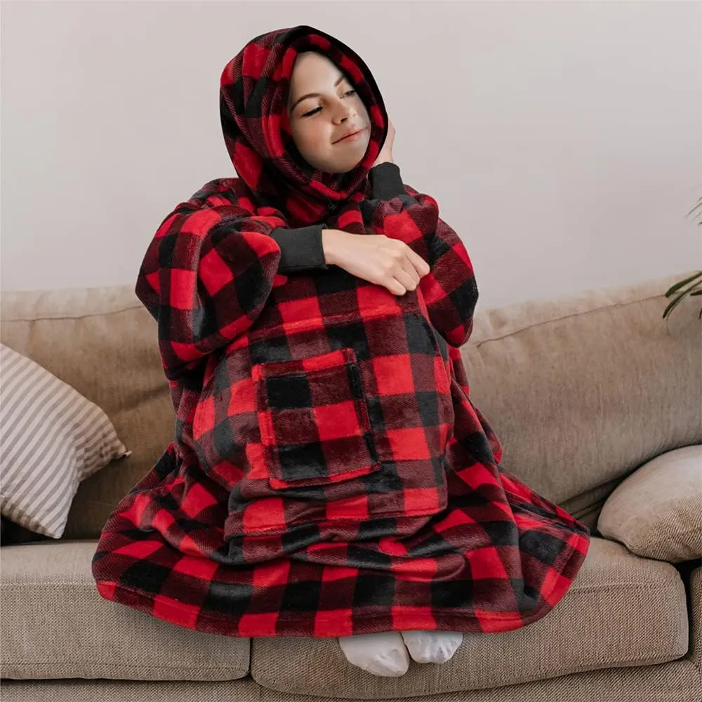 PAVILIA Wearable Blanket Hoodie for Women Men, Oversized Hoodie Sweatshirt Blanket, Hooded Sweater Blanket Neck Warmer, Fleece Soft Hug Sleep Pod Adult, Cozy Warm Plush Gift Idea Mom Wife, Checker Red