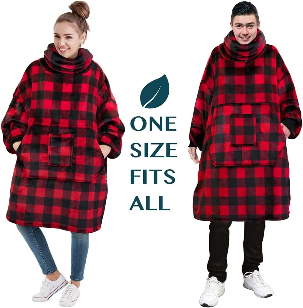 PAVILIA Wearable Blanket Hoodie for Women Men, Oversized Hoodie Sweatshirt Blanket, Hooded Sweater Blanket Neck Warmer, Fleece Soft Hug Sleep Pod Adult, Cozy Warm Plush Gift Idea Mom Wife, Checker Red