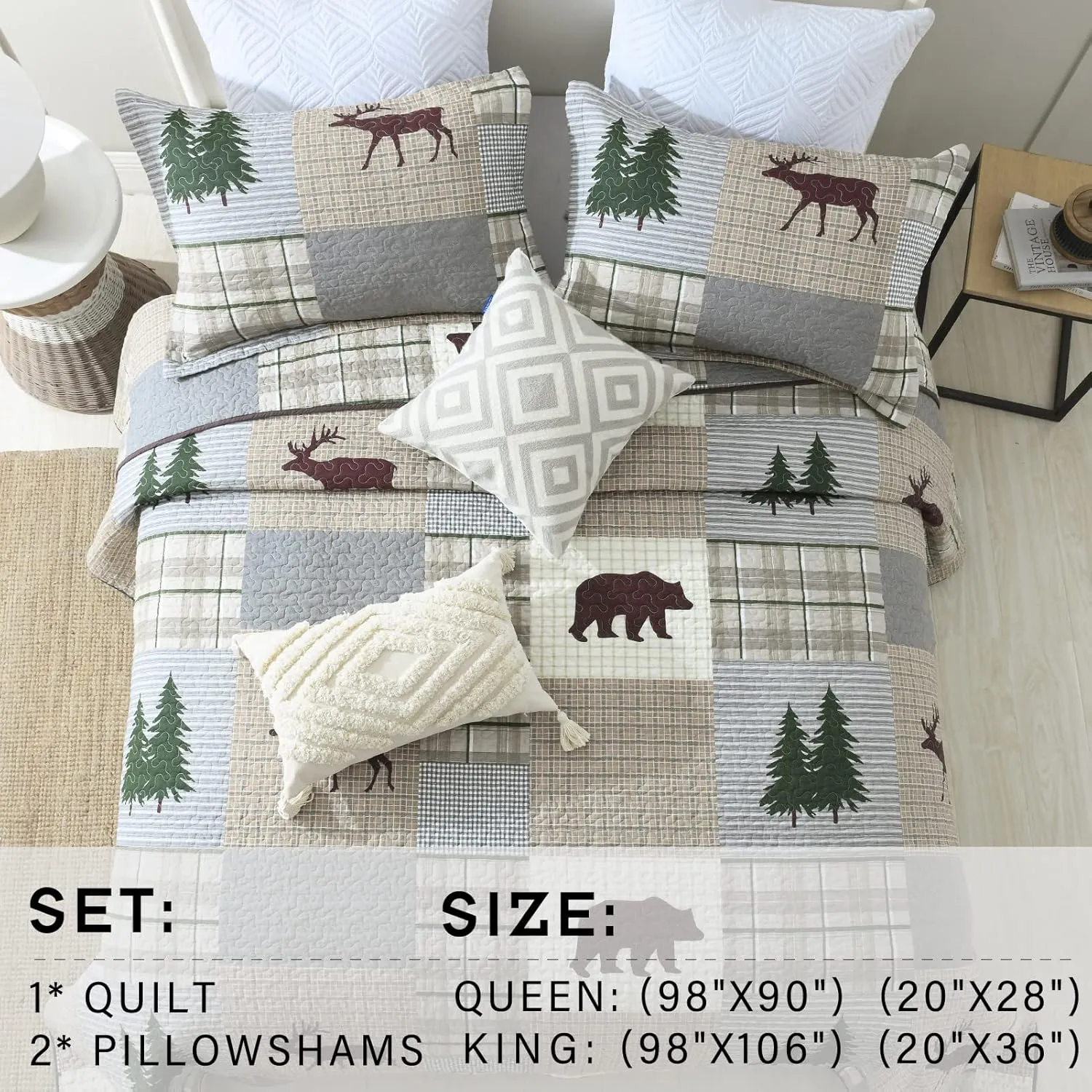 PERHOM Quilt King Size - 100% Cotton Lightweight Cabin Plaid King Quilt Bedding Set, Forest Tree Brown Bear Deer Patchwork Reversible Bedspread/Coverlet/Comforter Set with 2 Shams, 3PCS