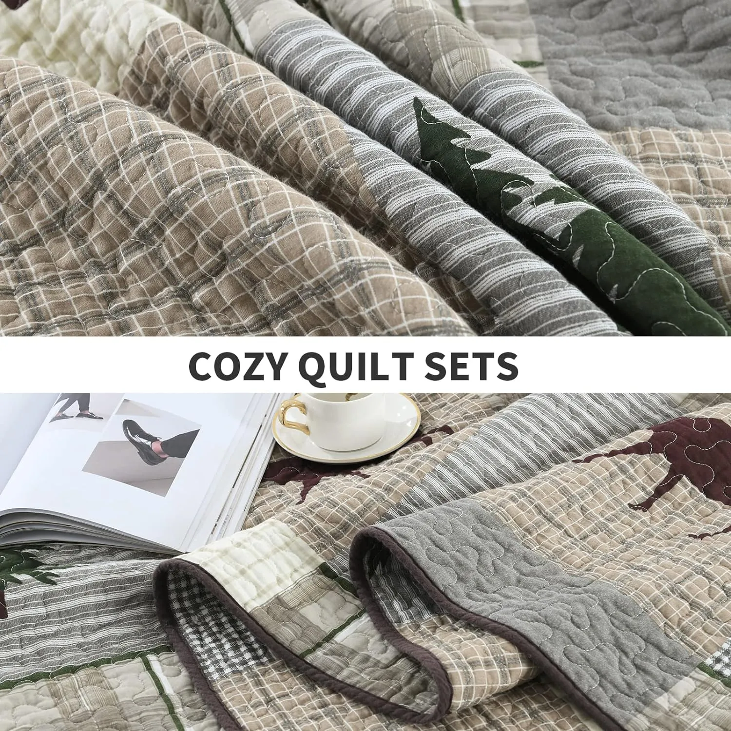 PERHOM Quilt Queen Size - 100% Cotton Lightweight Cabin Plaid Queen Quilt Bedding Set, Forest Tree Brown Bear Deer Patchwork Reversible Bedspread/Comforter Set with 2 Pillow Shams, 3PCS