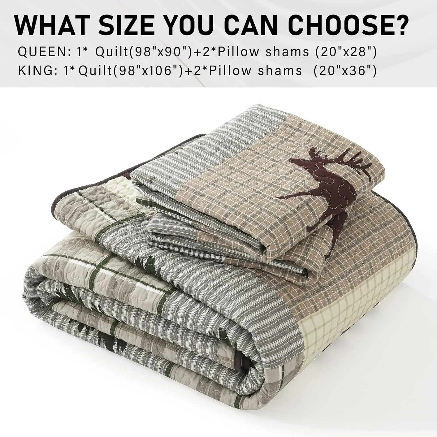 PERHOM Quilt Queen Size - 100% Cotton Lightweight Cabin Plaid Queen Quilt Bedding Set, Forest Tree Brown Bear Deer Patchwork Reversible Bedspread/Comforter Set with 2 Pillow Shams, 3PCS