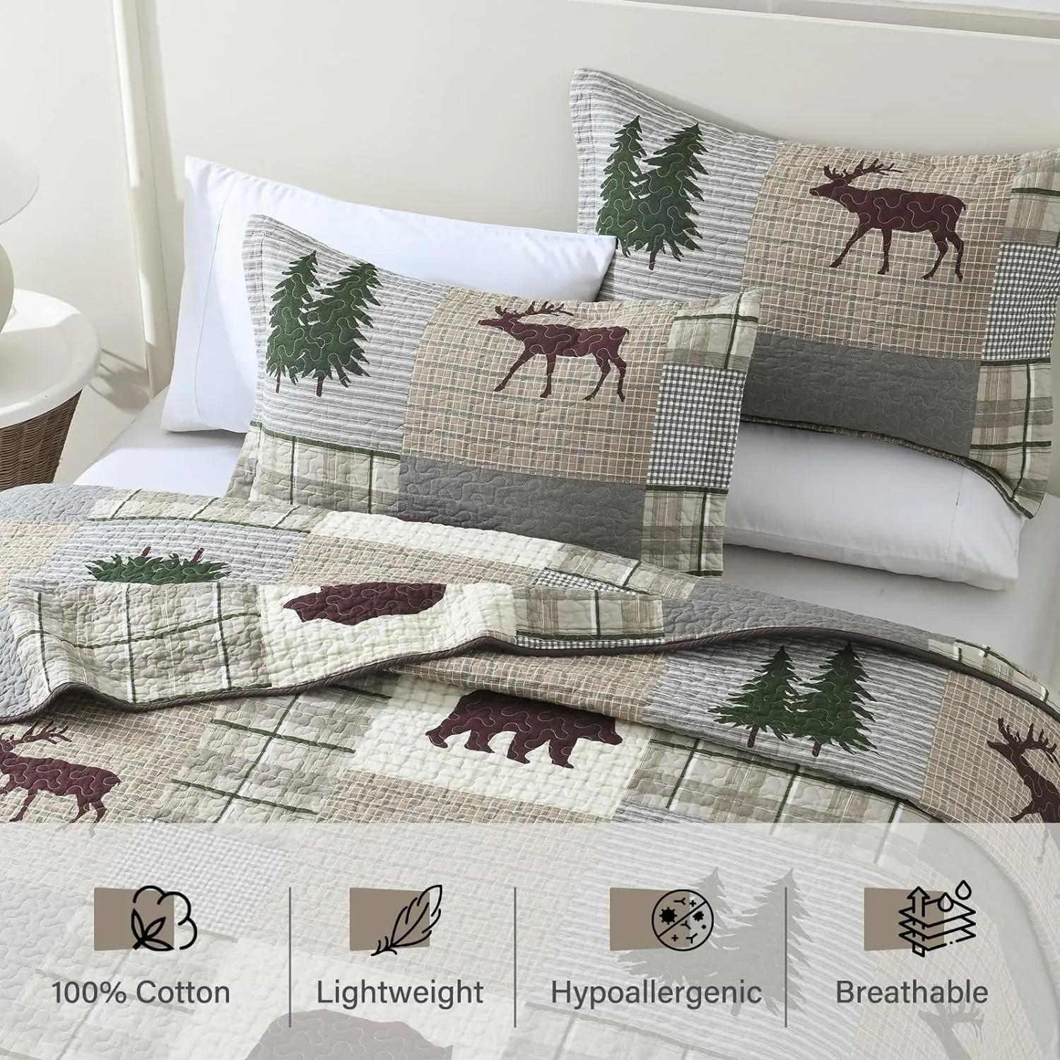 PERHOM Quilt Queen Size - 100% Cotton Lightweight Cabin Plaid Queen Quilt Bedding Set, Forest Tree Brown Bear Deer Patchwork Reversible Bedspread/Comforter Set with 2 Pillow Shams, 3PCS