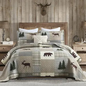 PERHOM Quilt Queen Size - 100% Cotton Lightweight Cabin Plaid Queen Quilt Bedding Set, Forest Tree Brown Bear Deer Patchwork Reversible Bedspread/Comforter Set with 2 Pillow Shams, 3PCS