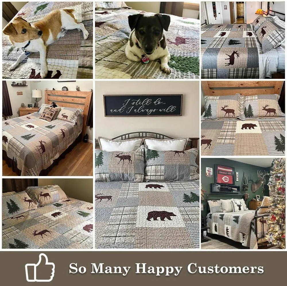 PERHOM Quilt Queen Size - 100% Cotton Lightweight Cabin Plaid Queen Quilt Bedding Set, Forest Tree Brown Bear Deer Patchwork Reversible Bedspread/Comforter Set with 2 Pillow Shams, 3PCS