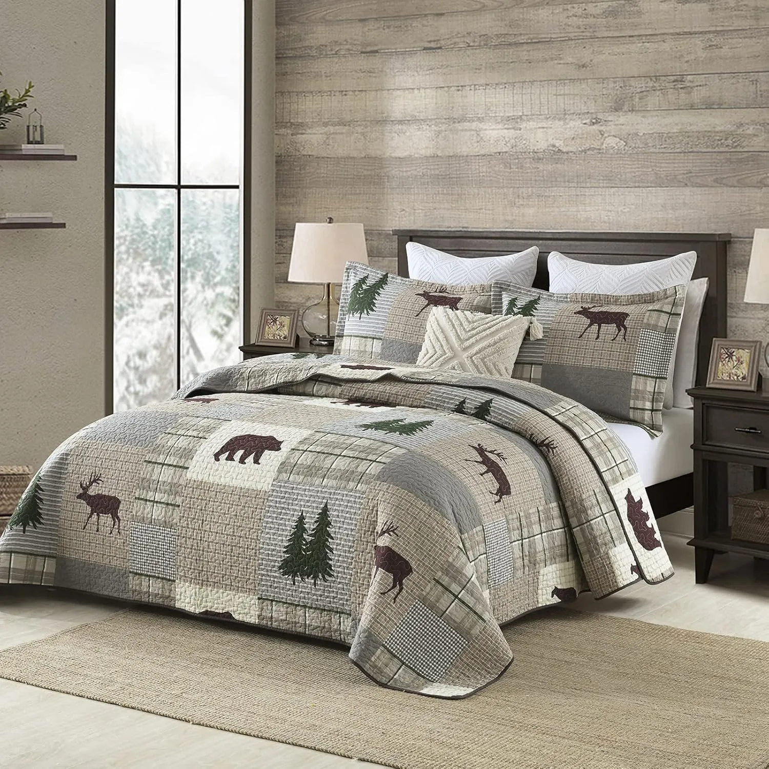 PERHOM Quilt Queen Size - 100% Cotton Lightweight Cabin Plaid Queen Quilt Bedding Set, Forest Tree Brown Bear Deer Patchwork Reversible Bedspread/Comforter Set with 2 Pillow Shams, 3PCS