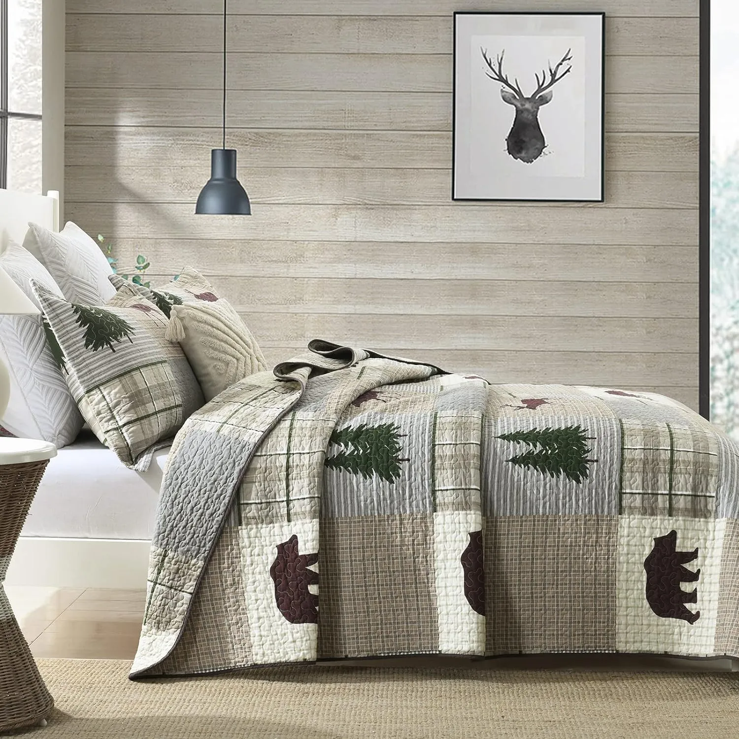 PERHOM Quilt Queen Size - 100% Cotton Lightweight Cabin Plaid Queen Quilt Bedding Set, Forest Tree Brown Bear Deer Patchwork Reversible Bedspread/Comforter Set with 2 Pillow Shams, 3PCS