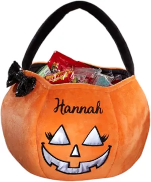 Personalization Universe Cheerful Pumpkin Embroidered Reflective Children's Halloween Treat Bag