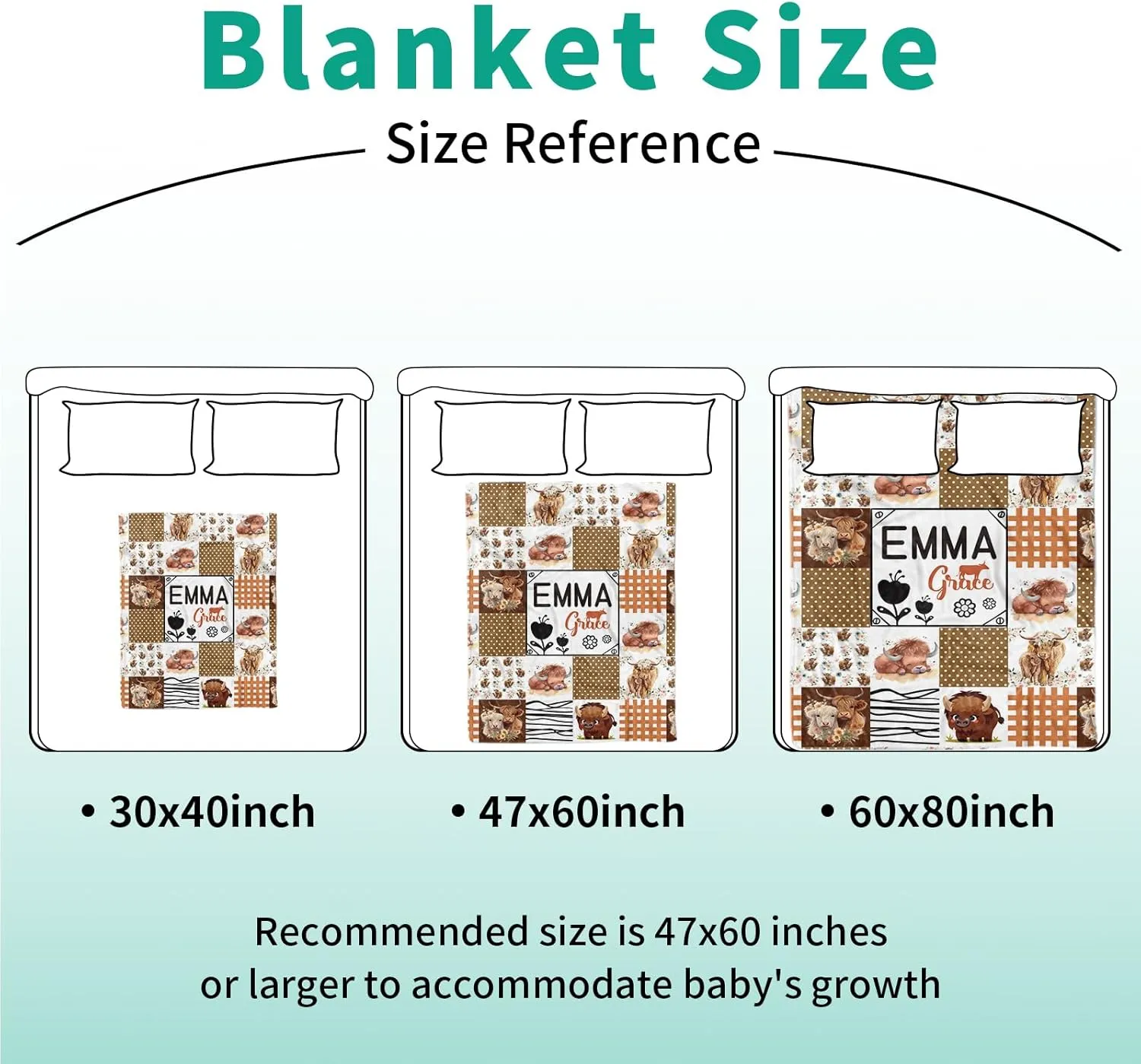 Personalized Baby Blanket - Custom Name with Animals Plaid Design - Patchwork Soft Plush Throw Blanket with Double Layer Dotted Backing for Boys Girls Gifts Color12-Highland Cow