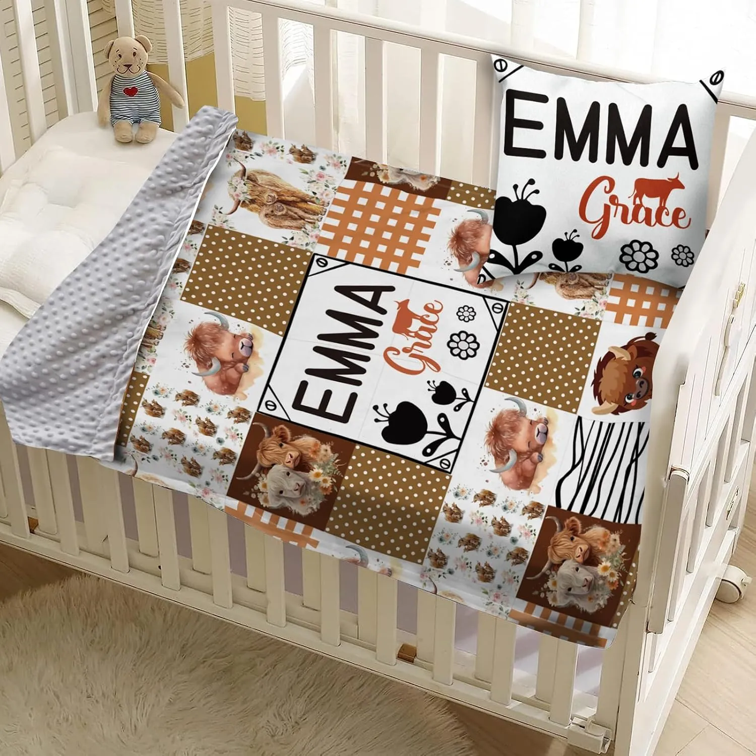 Personalized Baby Blanket - Custom Name with Animals Plaid Design - Patchwork Soft Plush Throw Blanket with Double Layer Dotted Backing for Boys Girls Gifts Color12-Highland Cow