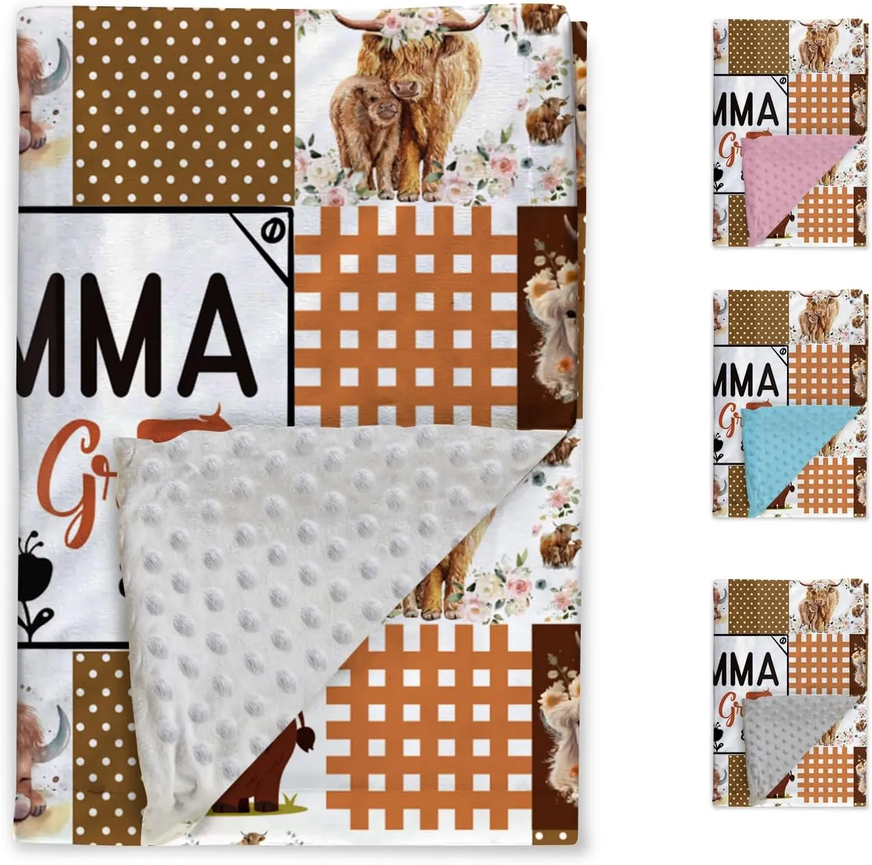 Personalized Baby Blanket - Custom Name with Animals Plaid Design - Patchwork Soft Plush Throw Blanket with Double Layer Dotted Backing for Boys Girls Gifts Color12-Highland Cow