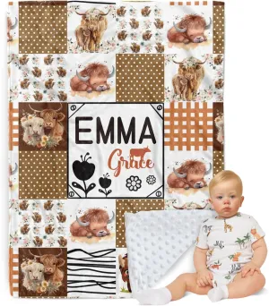 Personalized Baby Blanket - Custom Name with Animals Plaid Design - Patchwork Soft Plush Throw Blanket with Double Layer Dotted Backing for Boys Girls Gifts Color12-Highland Cow