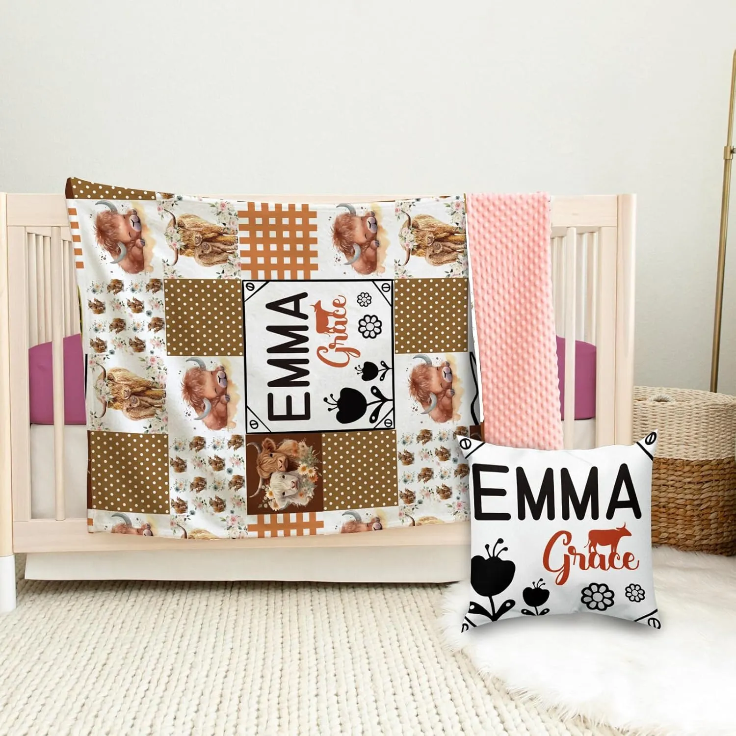 Personalized Baby Blanket - Custom Name with Animals Plaid Design - Patchwork Soft Plush Throw Blanket with Double Layer Dotted Backing for Boys Girls Gifts Color12-Highland Cow