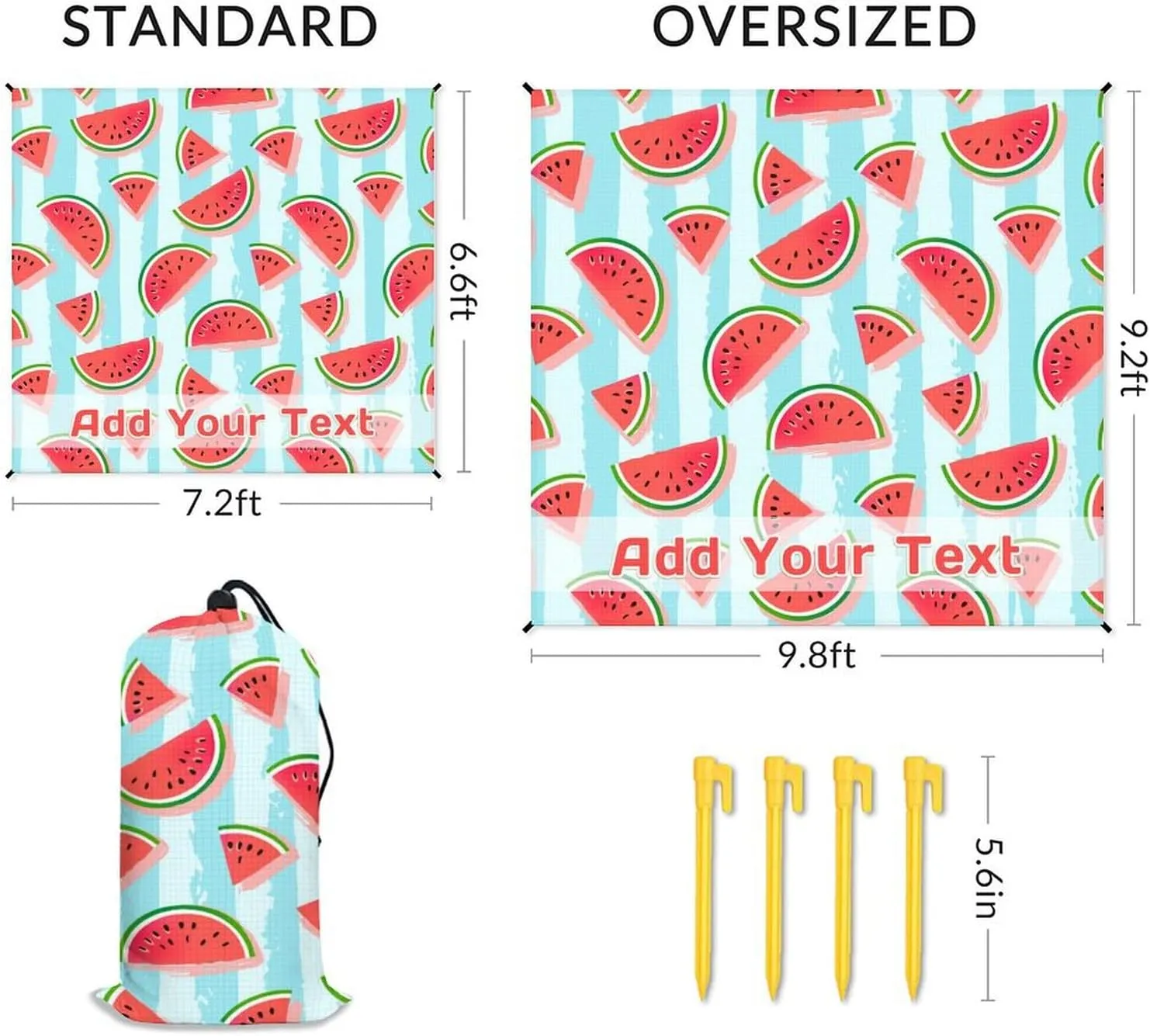 Personalized Beach Blanket Waterproof Sandproof, 118x110 Inches Custom Oversized Watermelon Beach Mat for 6-8 Adults, Lightweight Picnic Blanket with 4 Corner Pockets for Outdoor, Travel, Camping