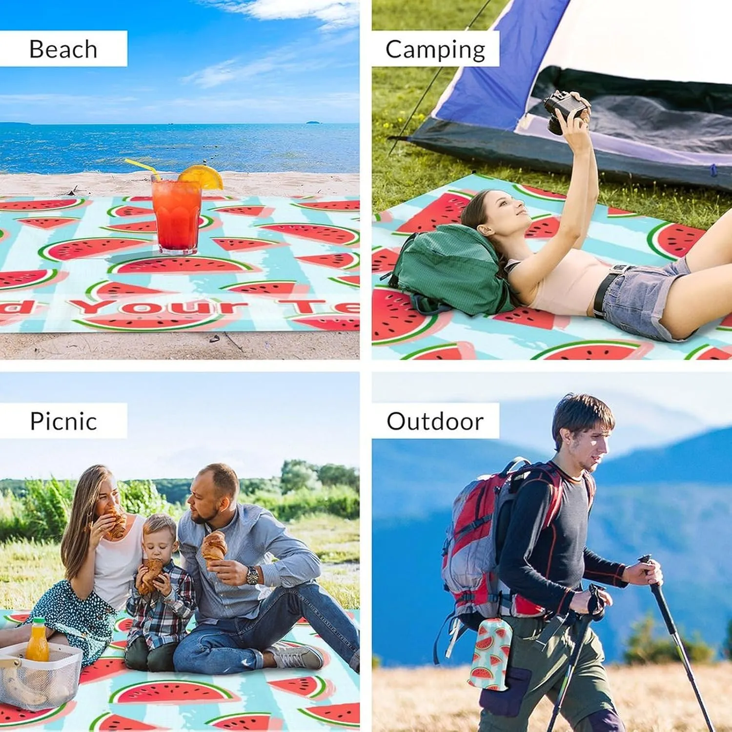 Personalized Beach Blanket Waterproof Sandproof, 118x110 Inches Custom Oversized Watermelon Beach Mat for 6-8 Adults, Lightweight Picnic Blanket with 4 Corner Pockets for Outdoor, Travel, Camping