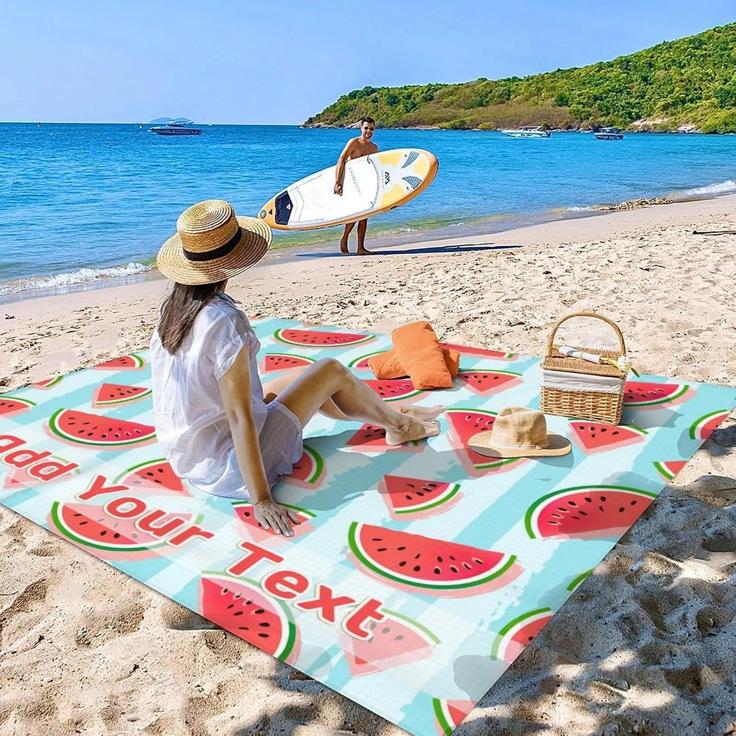 Personalized Beach Blanket Waterproof Sandproof, 118x110 Inches Custom Oversized Watermelon Beach Mat for 6-8 Adults, Lightweight Picnic Blanket with 4 Corner Pockets for Outdoor, Travel, Camping