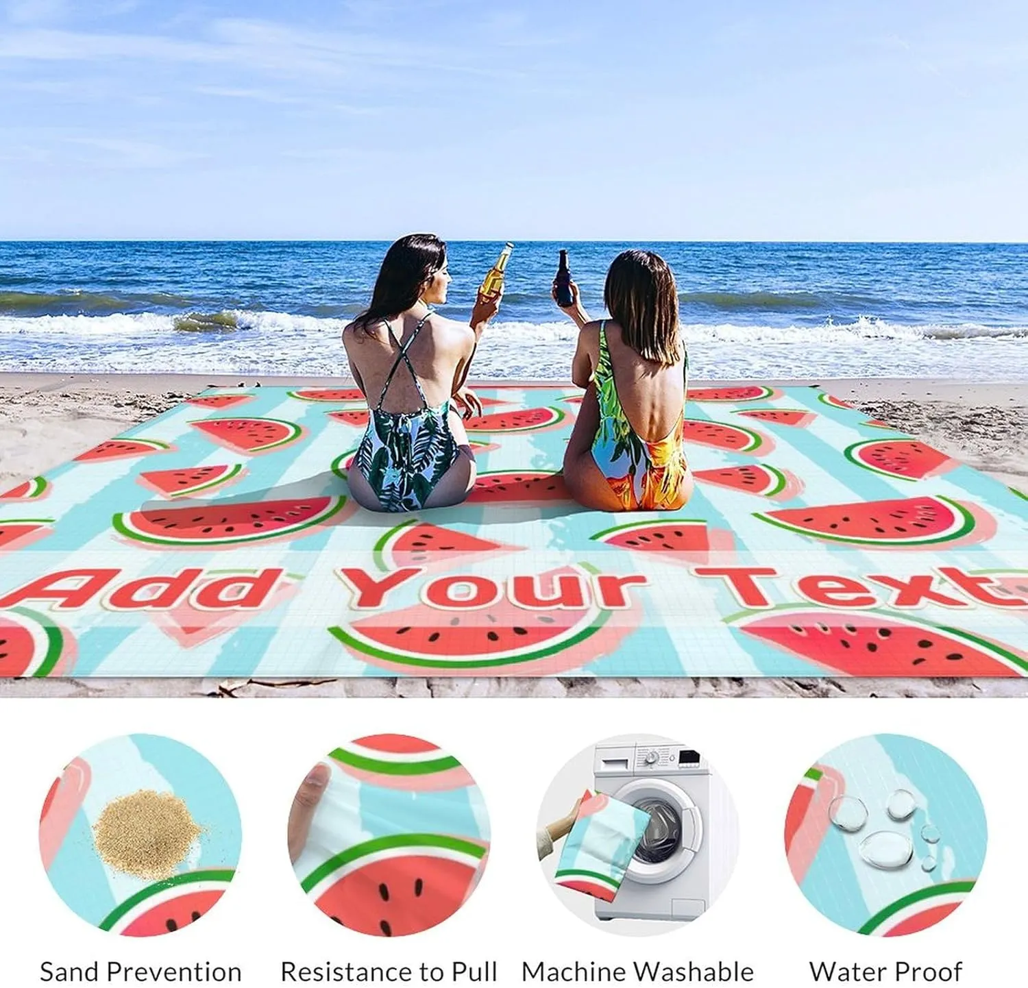 Personalized Beach Blanket Waterproof Sandproof, 118x110 Inches Custom Oversized Watermelon Beach Mat for 6-8 Adults, Lightweight Picnic Blanket with 4 Corner Pockets for Outdoor, Travel, Camping