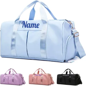 Personalized Duffle Bag Blue Sport Gym Travel Bags Embroidered Name Text,Custom Dry Wet Separated Overnight Weekender Waterproof Bag Gift