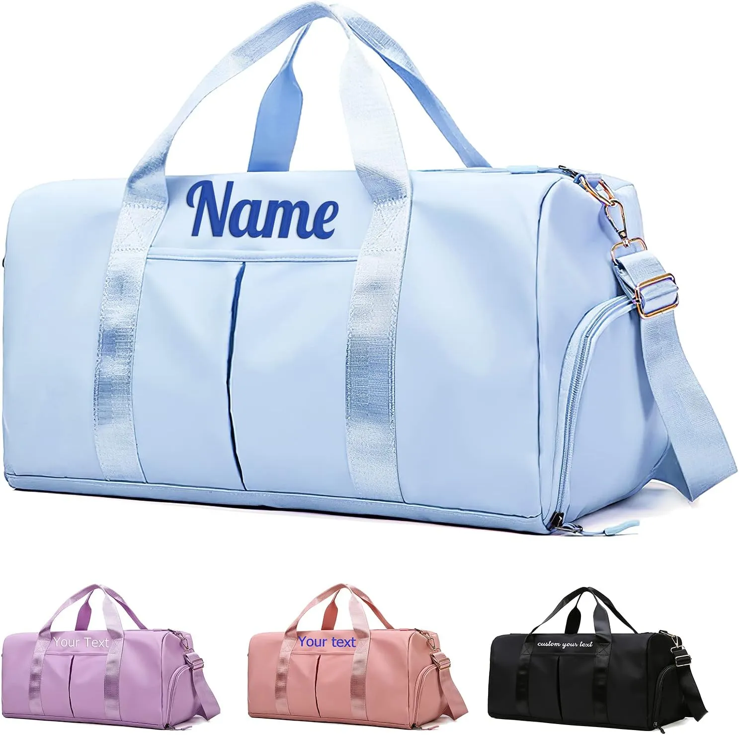 Personalized Duffle Bag Blue Sport Gym Travel Bags Embroidered Name Text,Custom Dry Wet Separated Overnight Weekender Waterproof Bag Gift