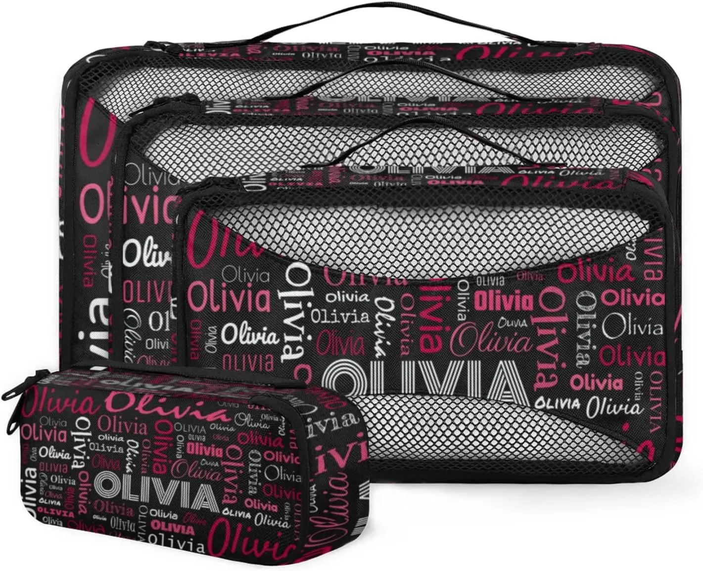 Personalized Packing Cube Set of 4 with Zipper, Custom Name Cubes Set for Women Grils, Travel Luggage Packing Organizers for Suitcases, Black Red Background
