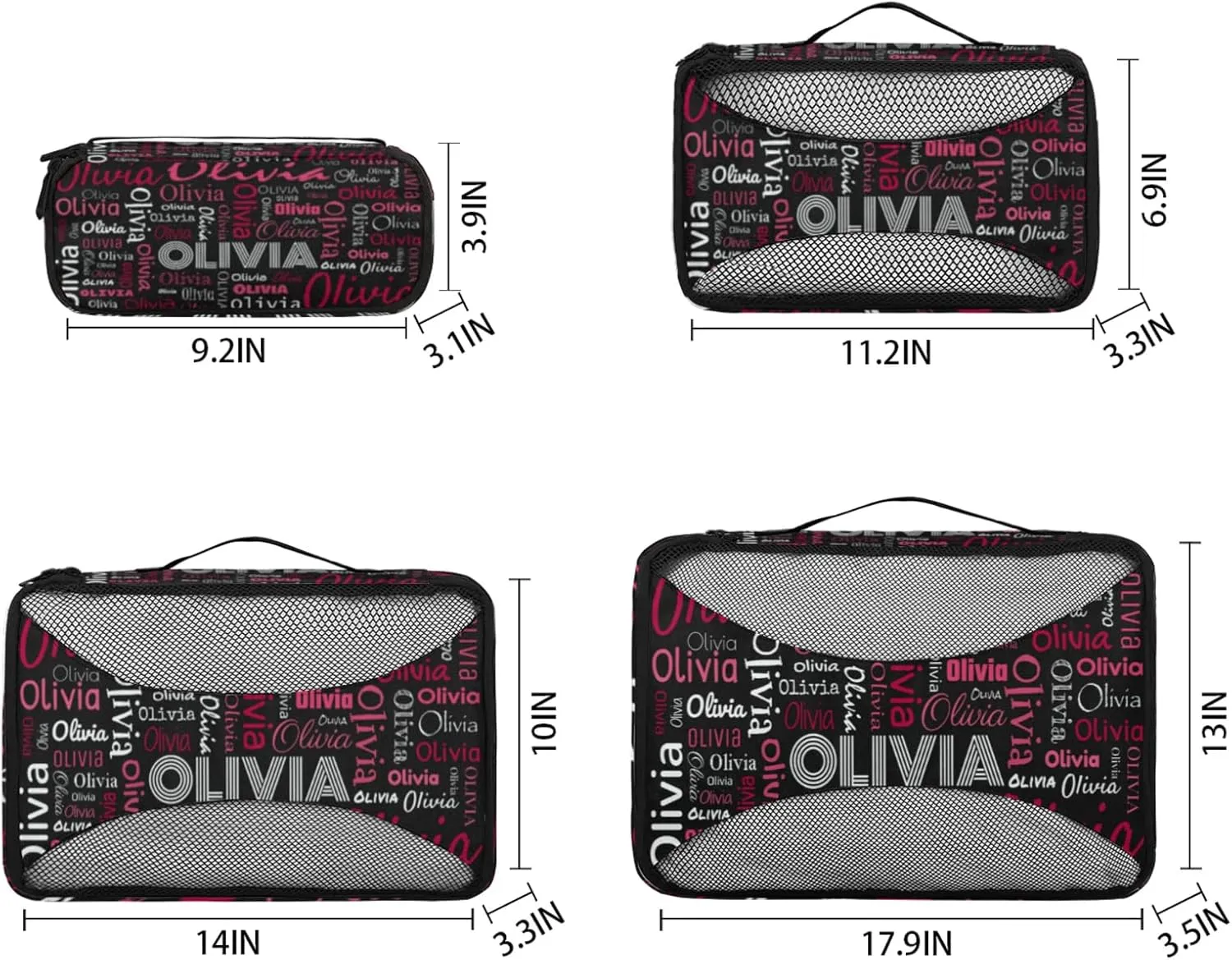 Personalized Packing Cube Set of 4 with Zipper, Custom Name Cubes Set for Women Grils, Travel Luggage Packing Organizers for Suitcases, Black Red Background