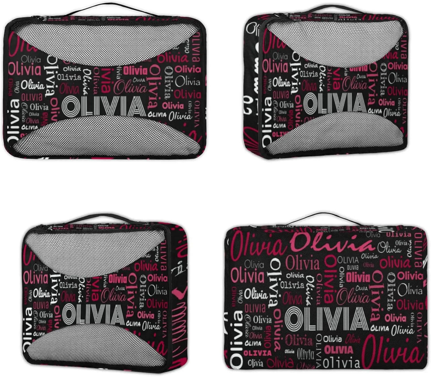 Personalized Packing Cube Set of 4 with Zipper, Custom Name Cubes Set for Women Grils, Travel Luggage Packing Organizers for Suitcases, Black Red Background