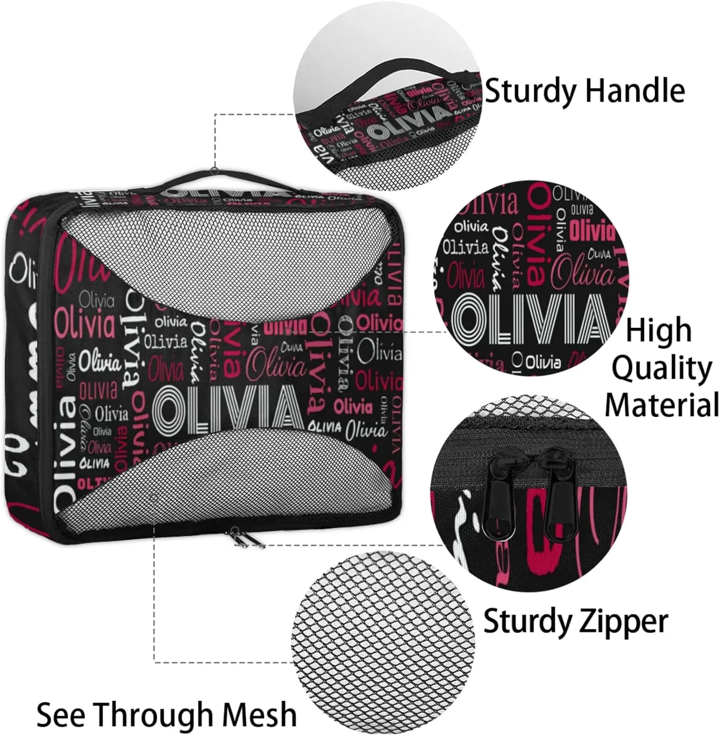 Personalized Packing Cube Set of 4 with Zipper, Custom Name Cubes Set for Women Grils, Travel Luggage Packing Organizers for Suitcases, Black Red Background
