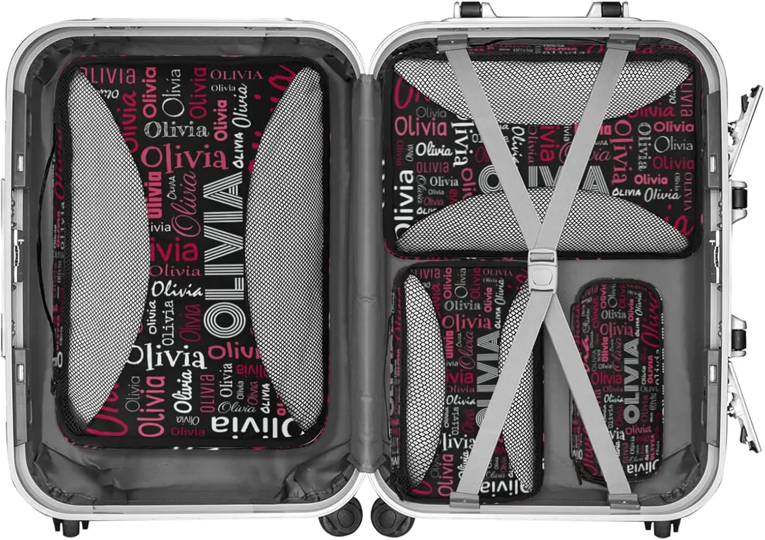 Personalized Packing Cube Set of 4 with Zipper, Custom Name Cubes Set for Women Grils, Travel Luggage Packing Organizers for Suitcases, Black Red Background