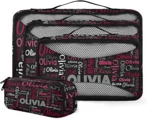 Personalized Packing Cube Set of 4 with Zipper, Custom Name Cubes Set for Women Grils, Travel Luggage Packing Organizers for Suitcases, Black Red Background