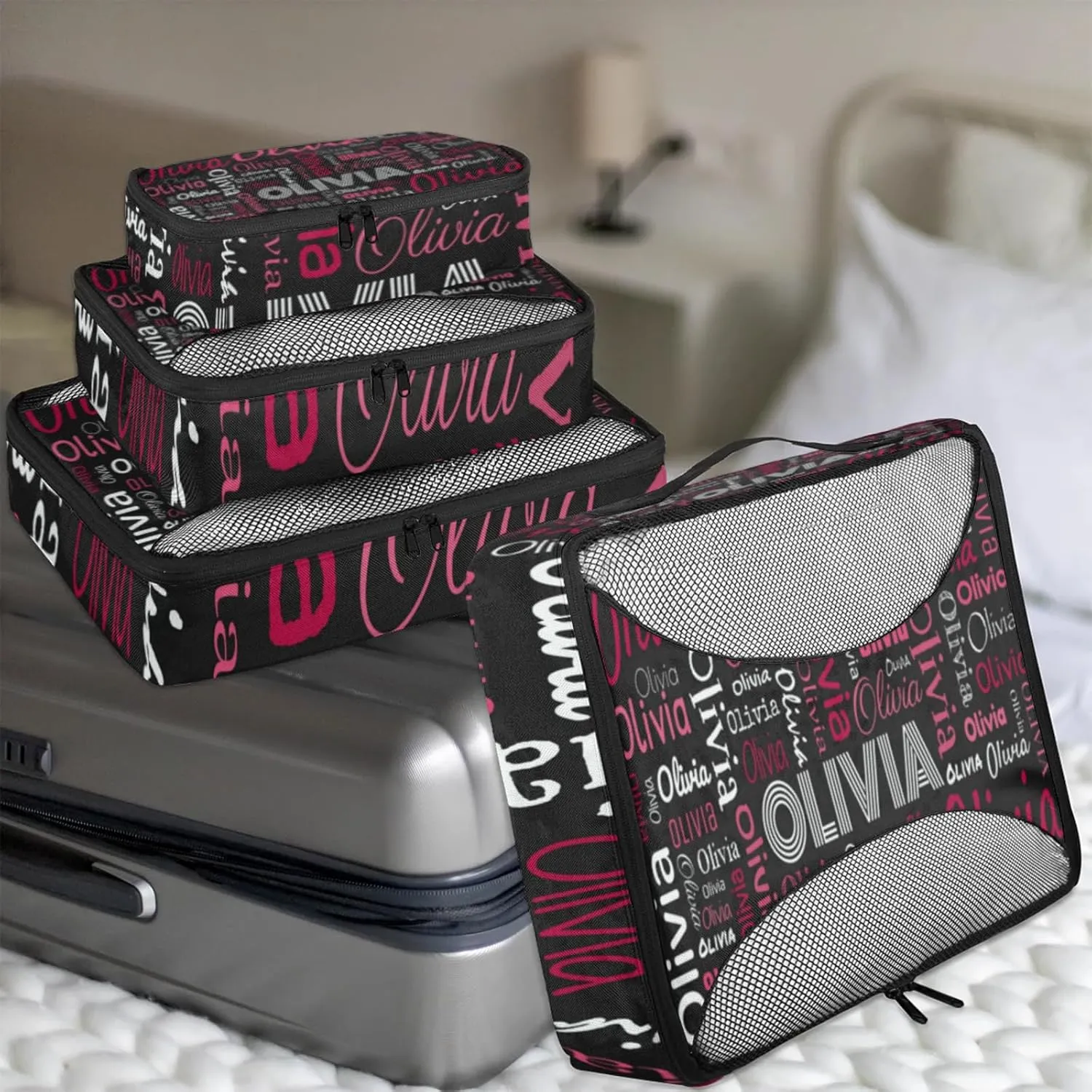 Personalized Packing Cube Set of 4 with Zipper, Custom Name Cubes Set for Women Grils, Travel Luggage Packing Organizers for Suitcases, Black Red Background