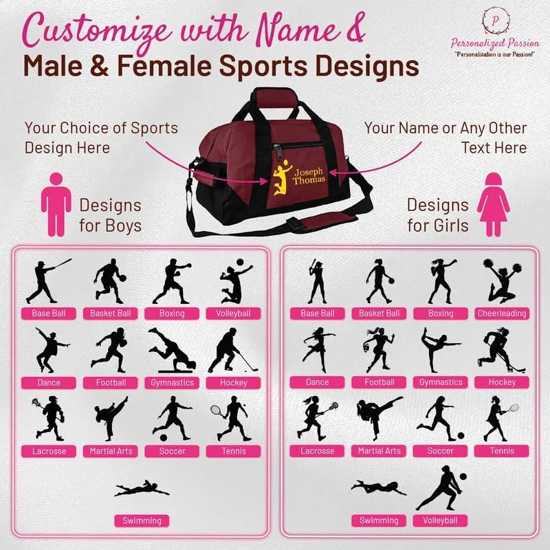 Personalized Passion Small Sports Duffel Bags for Kids - 14” Waterproof Travel Duffle with Embroidered Name & Hockey Design - Purple Two-Toned Kids Weekender Bag for Boys and Girls