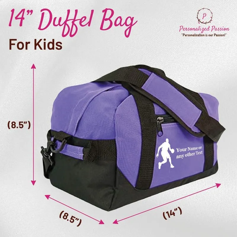 Personalized Passion Small Sports Duffel Bags for Kids - 14” Waterproof Travel Duffle with Embroidered Name & Hockey Design - Purple Two-Toned Kids Weekender Bag for Boys and Girls