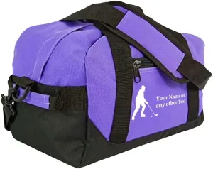 Personalized Passion Small Sports Duffel Bags for Kids - 14” Waterproof Travel Duffle with Embroidered Name & Hockey Design - Purple Two-Toned Kids Weekender Bag for Boys and Girls